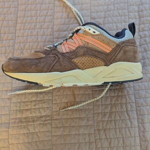 Brown and Tan Sneakers with Chunky Soles and Mesh Suede Design